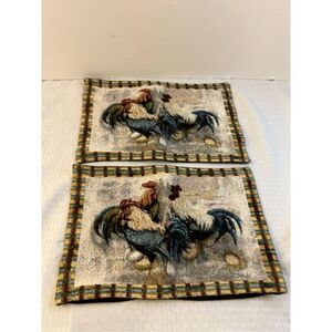 2 Chickens Roosters Eggs Farm‎ placemats 11x16" multi-colored red/blue edges